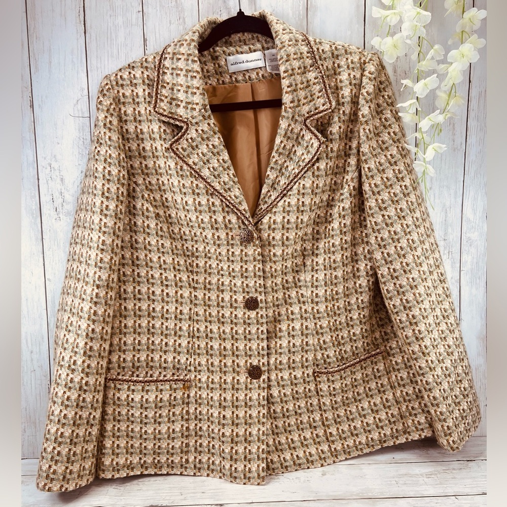Vintage Alfred Dunner Blazer Tweed Women's 14 Tan Brown With Front Pockets